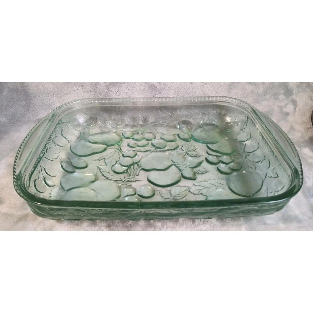 Libbey Orchard Baking Dish 12x9" 3D Embossed Fruit Casserole Green Glass Vtg